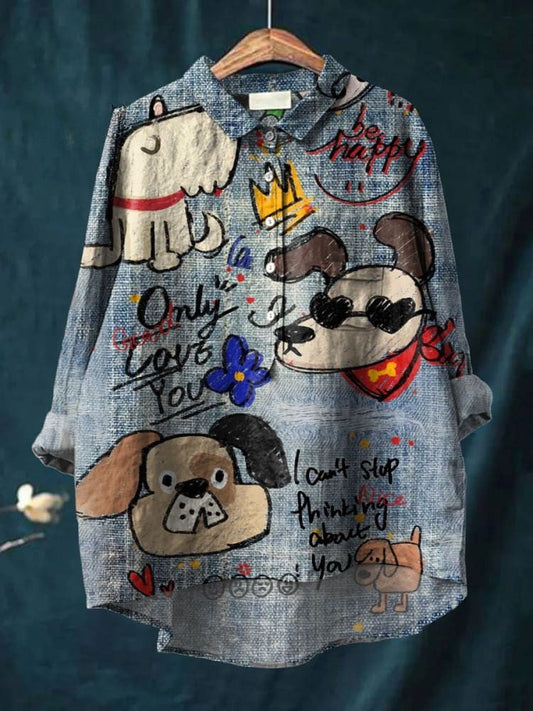 Caroline - Dog Art Print Cotton-Linen Shirt