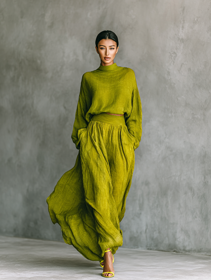 Women's Green Turtleneck Cotton And Linen Blend Suit MDA2938G4T