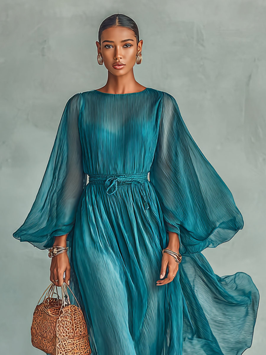 Women's Chiffon Round Neck Long Sleeve Waist Drawstring Maxi Dress MDA1434G5Y