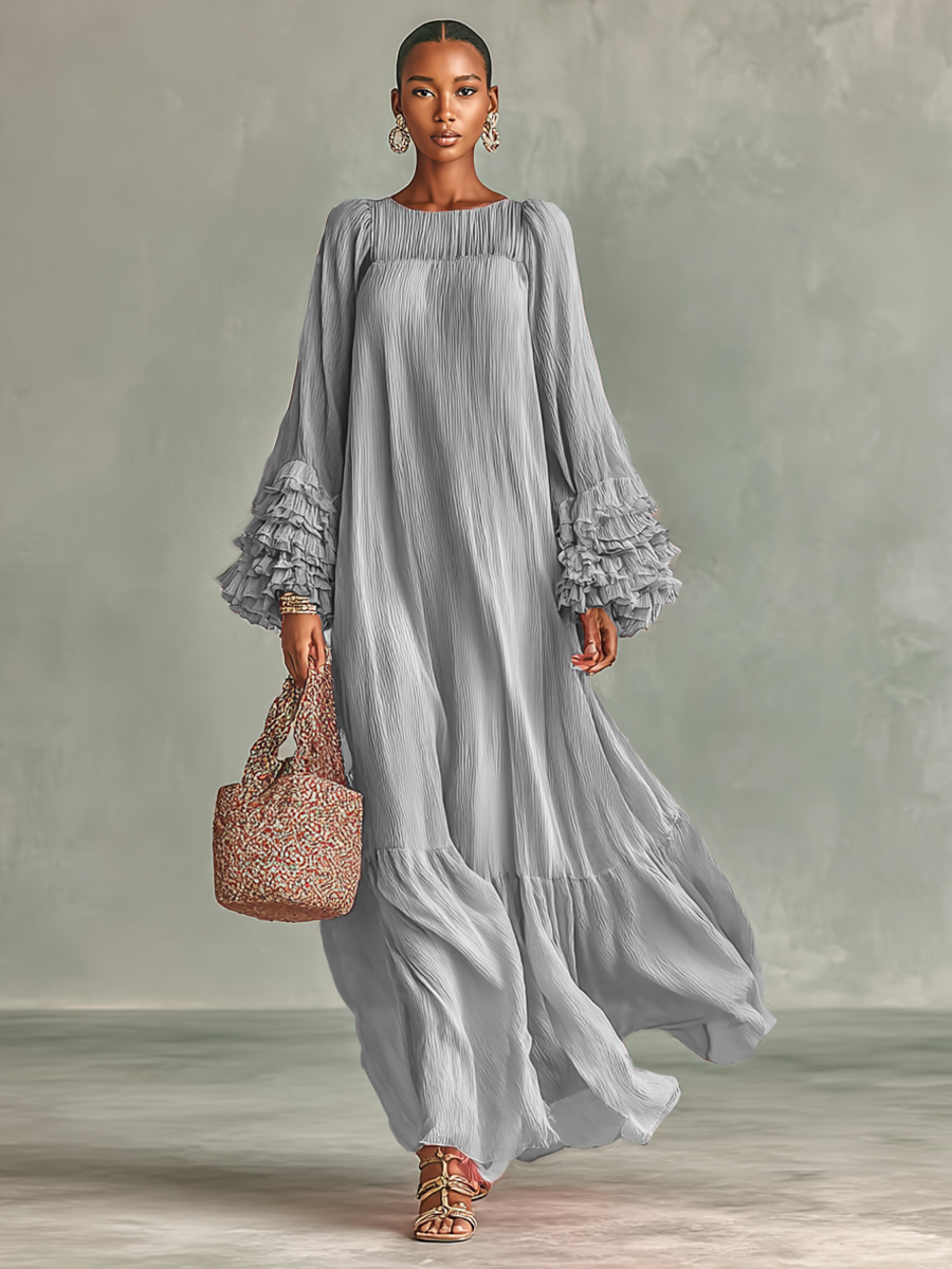 Women's Loose Pleated Chiffon Round Neck Long Sleeves Cuffs Ruffle Maxi Dress MDA1411G7Y