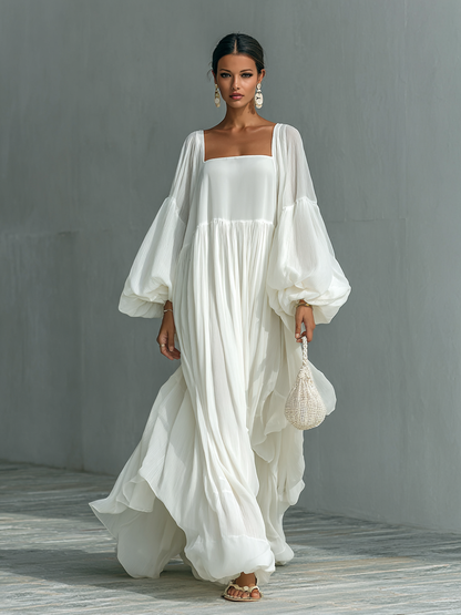 Women's Loose Lapel Lantern Sleeve Pleated Maxi Dress MDA1789G5Y
