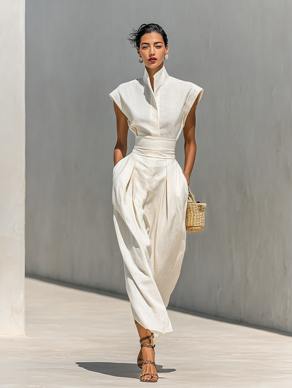 Women's Pure Cotton Lapel Cap Sleeves Waist Maxi Dress MDA0526G8Y
