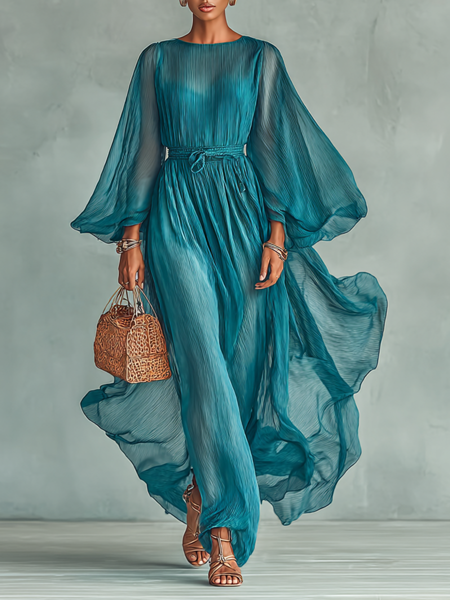 Women's Chiffon Round Neck Long Sleeve Waist Drawstring Maxi Dress MDA1434G5Y