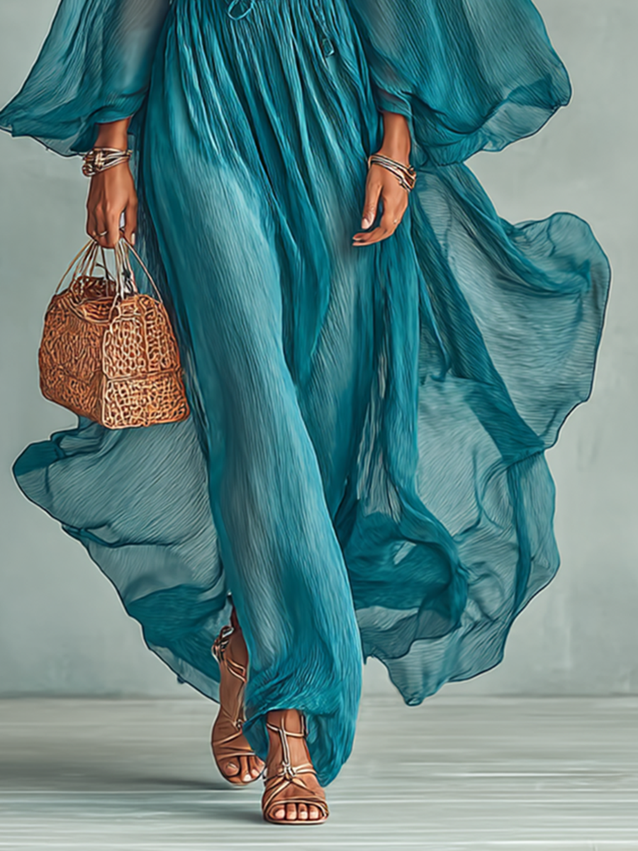 Women's Chiffon Round Neck Long Sleeve Waist Drawstring Maxi Dress MDA1434G5Y