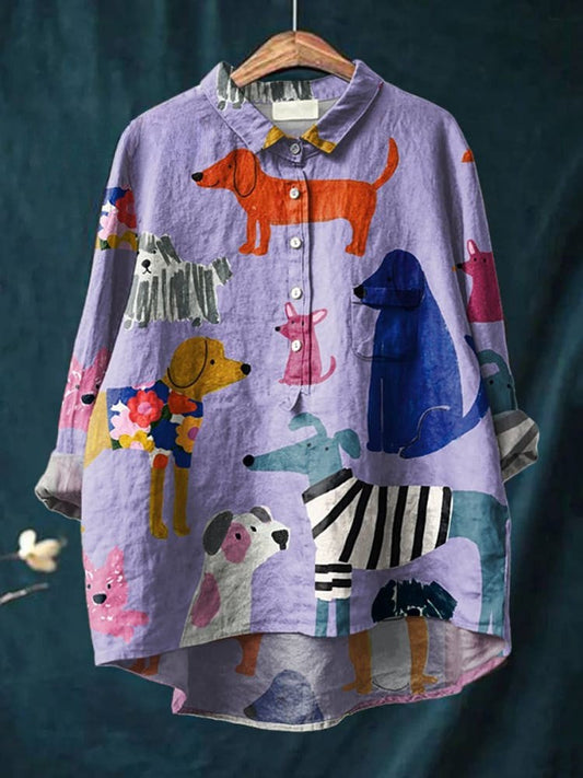 Lily - Unique Dog Art Print Cotton-Linen Shirt
