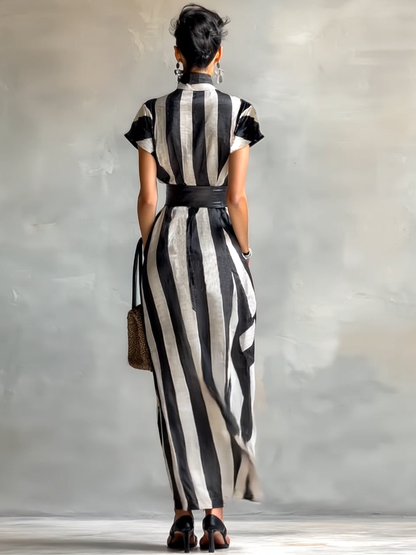 Women's High Collar Chiffon Short Sleeve Belt Maxi Dress MDA0987G2Y