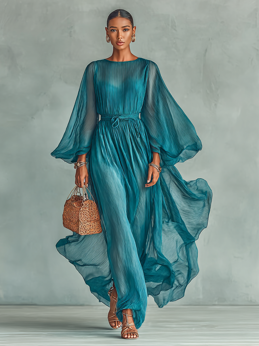Women's Chiffon Round Neck Long Sleeve Waist Drawstring Maxi Dress MDA1434G5Y