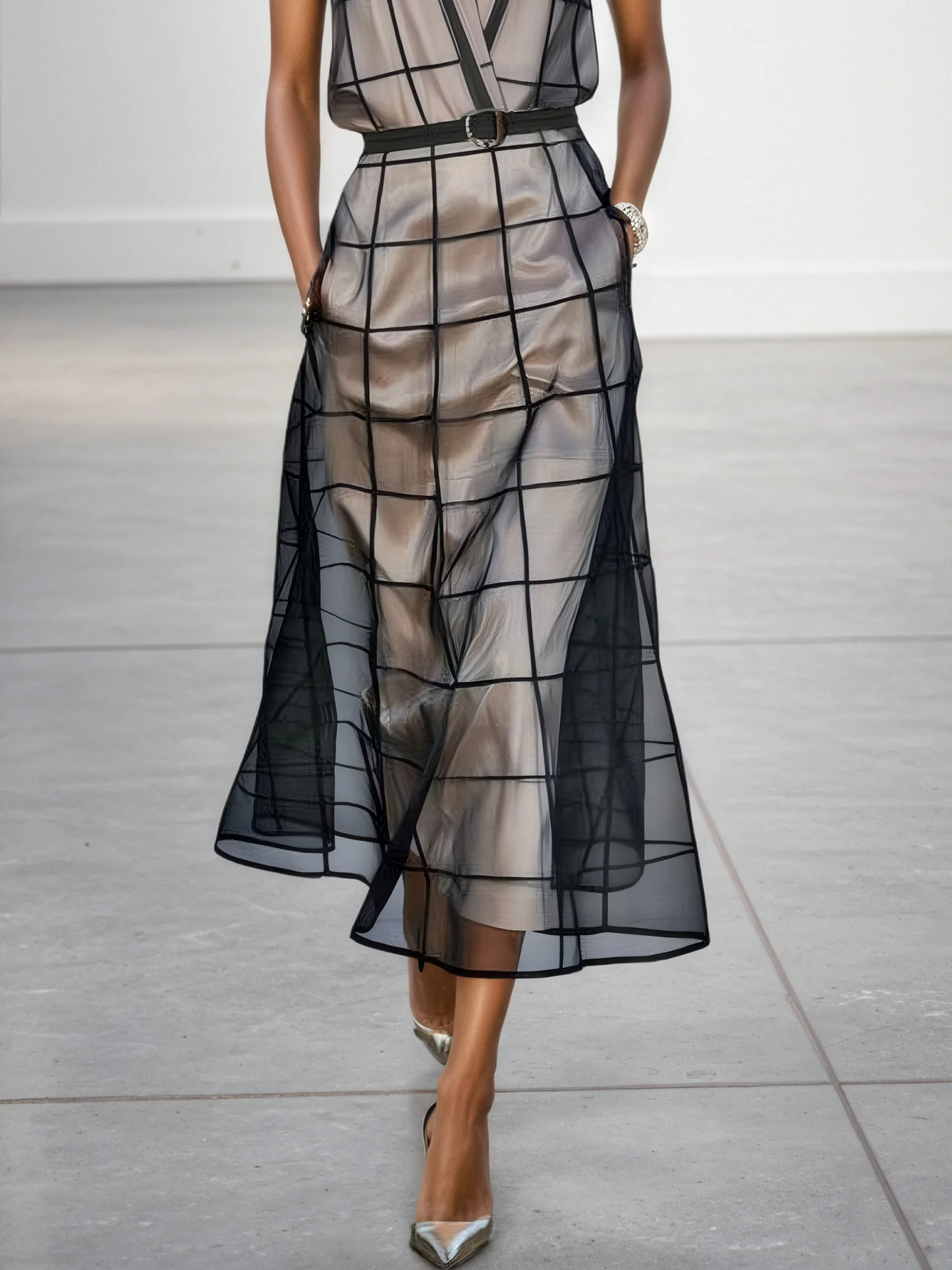 Women's Checkered Tulle Lapel Sleeveless Belted Maxi Dress MDA2372F1Y