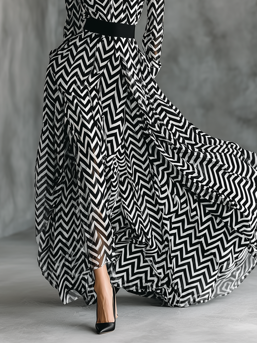 Women's Black And White Herringbone Chiffon Tie-Up Maxi Dress MDA2542G5T