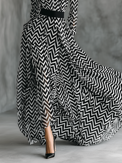 Women's Black And White Herringbone Chiffon Tie-Up Maxi Dress MDA2542G5T
