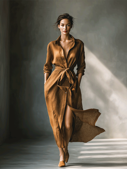 Women's Vintage Brown Blend Shirt Maxi Dress