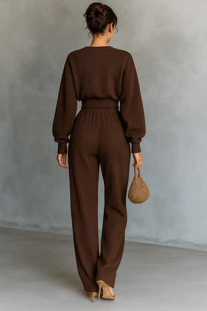 Women's Coffee-colored Short Top And Wide-leg Pants Knitted Set MDA3000G6T