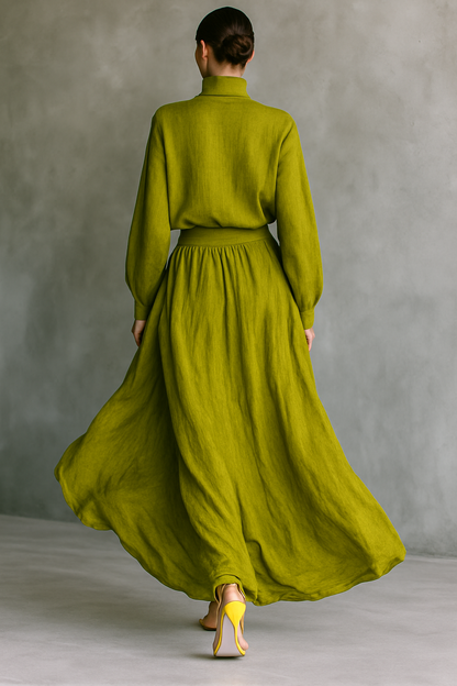 Women's Green Turtleneck Cotton And Linen Blend Suit MDA2938G4T
